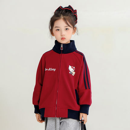 HelloKitty凯蒂猫女童秋季棒球服外套2025宽松黑红撞色款洋气外衣