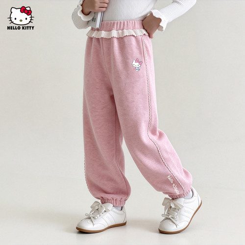 HelloKitty凯蒂猫女童秋季阔腿裤2026新款中大童装舒适波浪花边裤