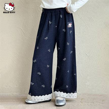 HelloKitty凯蒂猫女童秋季休闲裤2025款脚口蕾丝拼接洋气宽松裤子
