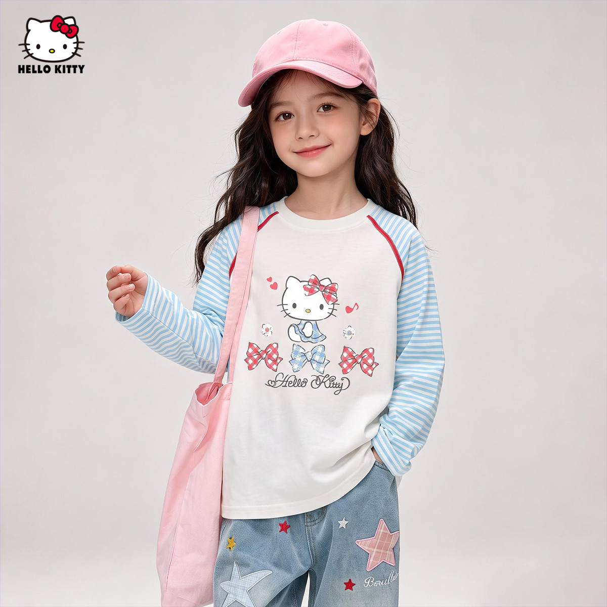 HelloKitty凯蒂猫女童秋季长袖T恤2026新款清爽蓝白条纹长袖上衣图片