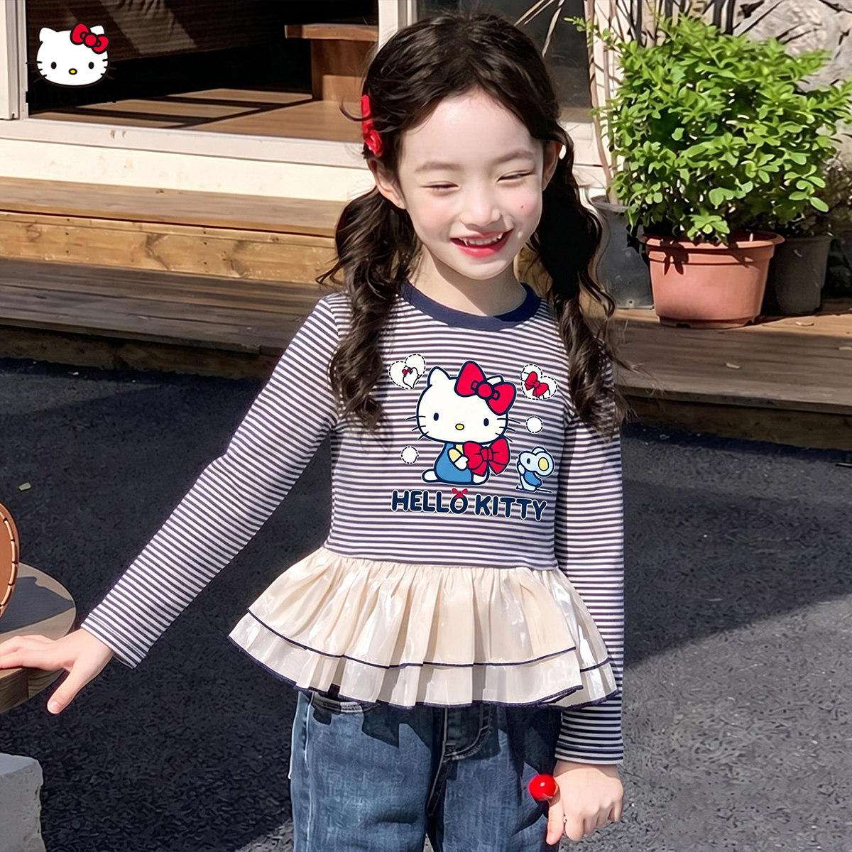 HelloKitty凯蒂猫女童秋季长袖T恤2026装复古条纹荷叶边下摆上衣T图片