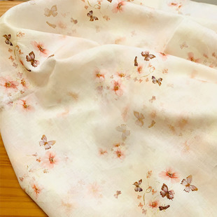 纯苎麻数码 汉服旗袍布料汉服 印花国风植物花卉面料蝴蝶连衣裙中式