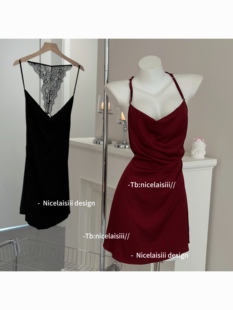 Nicelaisiii野玫瑰 荡领吊带裙蕾丝美背御姐睡裙挂脖睡衣 性感法式