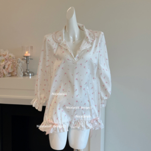 睡裙纯欲少女感睡衣 衬衫 Nicelaisiii绮丽香风 冰丝甜美碎花长袖