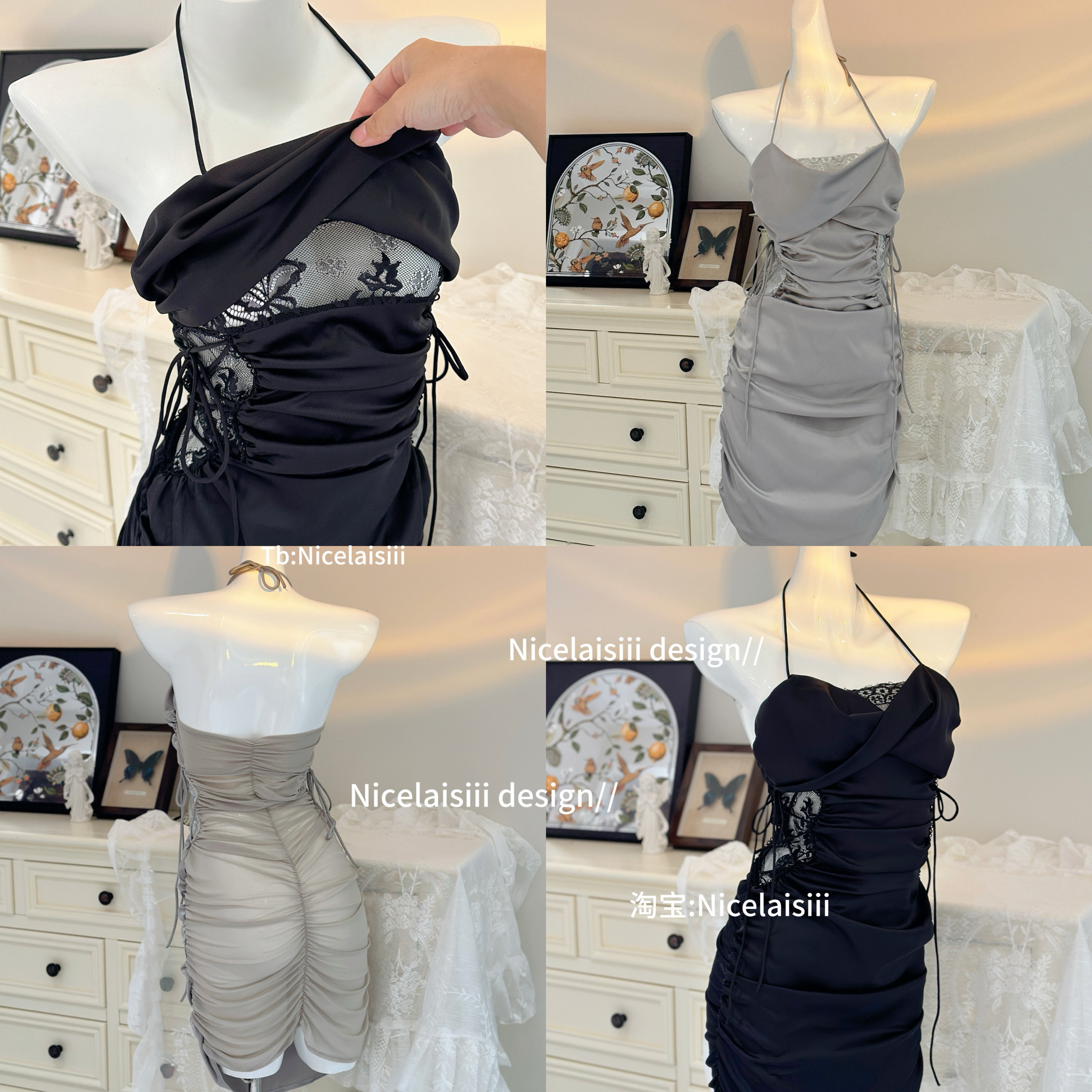 缎面蕾丝性感挂脖睡裙露背显瘦