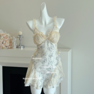 Nicelaisiii醉梨花 睡裙纯欲性感深V领显瘦家居服 带胸垫蕾丝法式