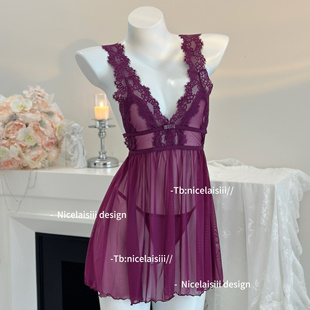 Nicelaisiii可颂 蕾丝网纱性感睡裙露背约会高级感家居服深v 法式