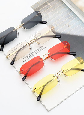 无框墨镜男士透明黄色太阳镜女潮复古小框长方形原宿彩色嘻哈眼镜
