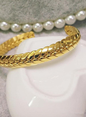 复古手环不褪色 麻花田园开口手镯24K钛钢包金女麦穗镯子新年礼物