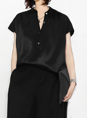 陈小满原创设计桑蚕丝真丝立领宽松法式袖黑色衬衣女2026春夏新款