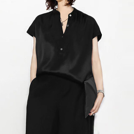 陈小满原创设计桑蚕丝真丝立领宽松法式袖黑色衬衣女2026春夏新款