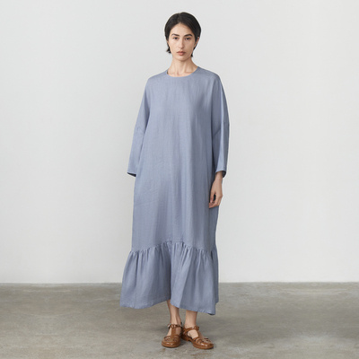 纯亚麻拼接荷叶裙摆连衣裙