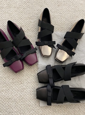 羊皮版春夏新款蝴蝶结open休闲运动芭蕾舞鞋女方头厚底玛丽珍鞋yy