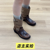 2025秋冬新款 ice复古西部牛仔靴女皮带扣皱褶堆堆靴粗跟麂皮靴女