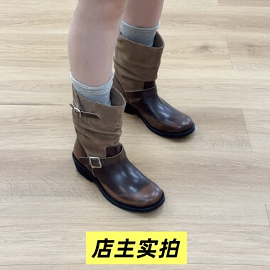 2025秋冬新款ice复古西部牛仔靴女皮带扣皱褶堆堆靴粗跟麂皮靴女