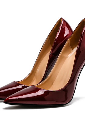 高跟鞋酒红色漆皮尖头细高跟12CM大码44码红底浅口气质名媛女单鞋