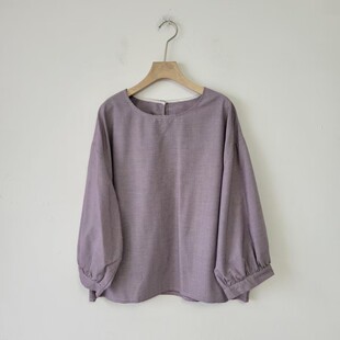 纯棉日单春秋季 女宽松休闲OL上衣女士衬衣 宽松遮肉圆领千鸟格衬衫