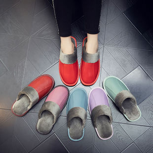 秋冬季羊皮拖鞋家居家用室内木地板防滑舒适厚底棉拖鞋皮质家居鞋