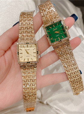 方形复古轻奢手表女款高颜值女表金色镶钻石英表绿面手表 A247