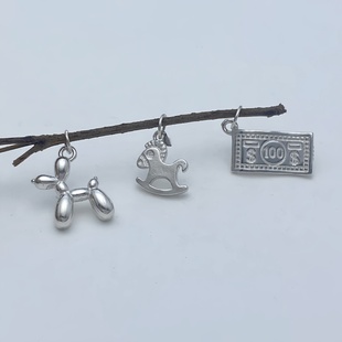 925纯银小木马吊坠气球狗有钱币挂件手工diy串珠编绳项链手链配件