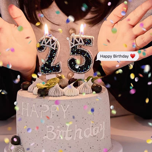 黑色镶钻皇冠数字蜡烛生日蛋糕装饰小红书同款ins风网红王子公主