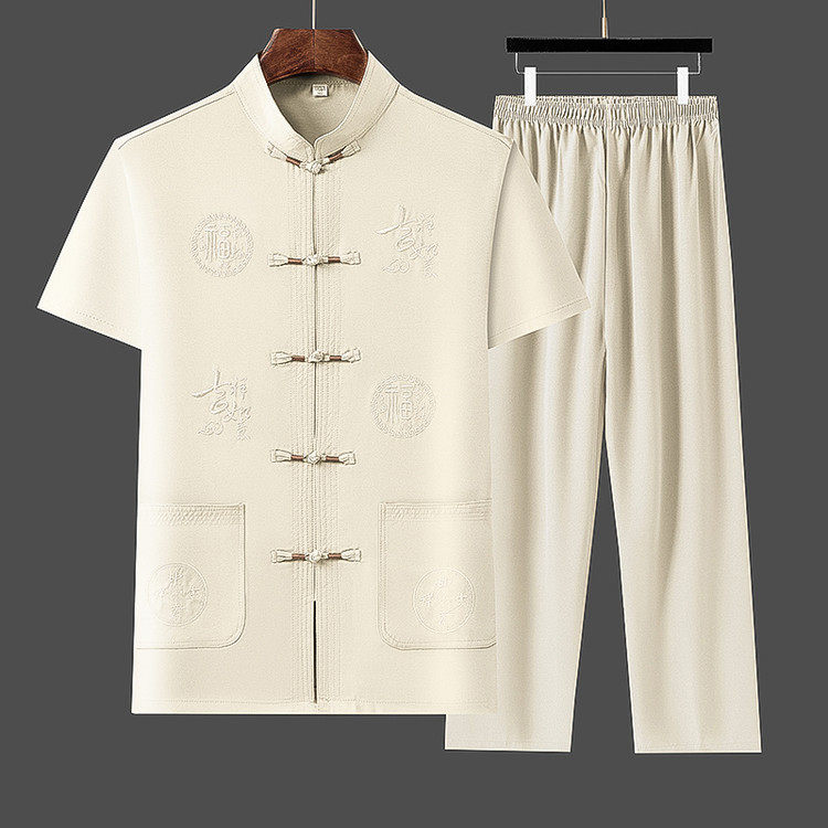 夏季男士唐装短袖套装爸爸夏装父亲中国风衬衣老年人爷爷生日汉服