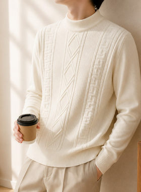 细毛线圆领直筒型羊毛混纺罗纹底摆针织衫/毛衣