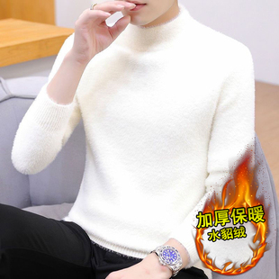 毛衣男冬季半高领水貂绒软糯修身打底衫加绒加厚保暖针织衫上衣服