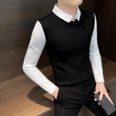 春秋款 针织打底衫 男装 假两件毛衣男士 上衣2025新款 高级感春季 男款