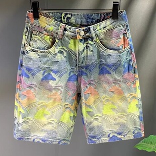 美式高端潮牌花色提花五分裤男士牛仔短裤宽松直筒痞帅高级感中裤
