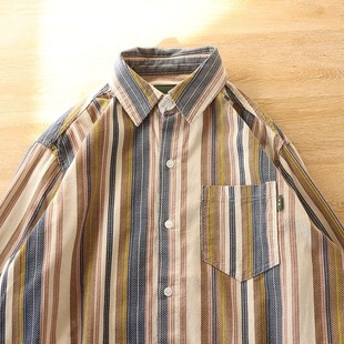 纯棉条纹宽松长袖 衬衫 衬衣 工装 外贸出口尾货清仓捡漏日系复古男士