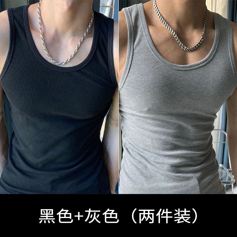 夏季男士吸汗冰丝棉粗螺纹圆领背心运动健身弹力修身纯色打底衫