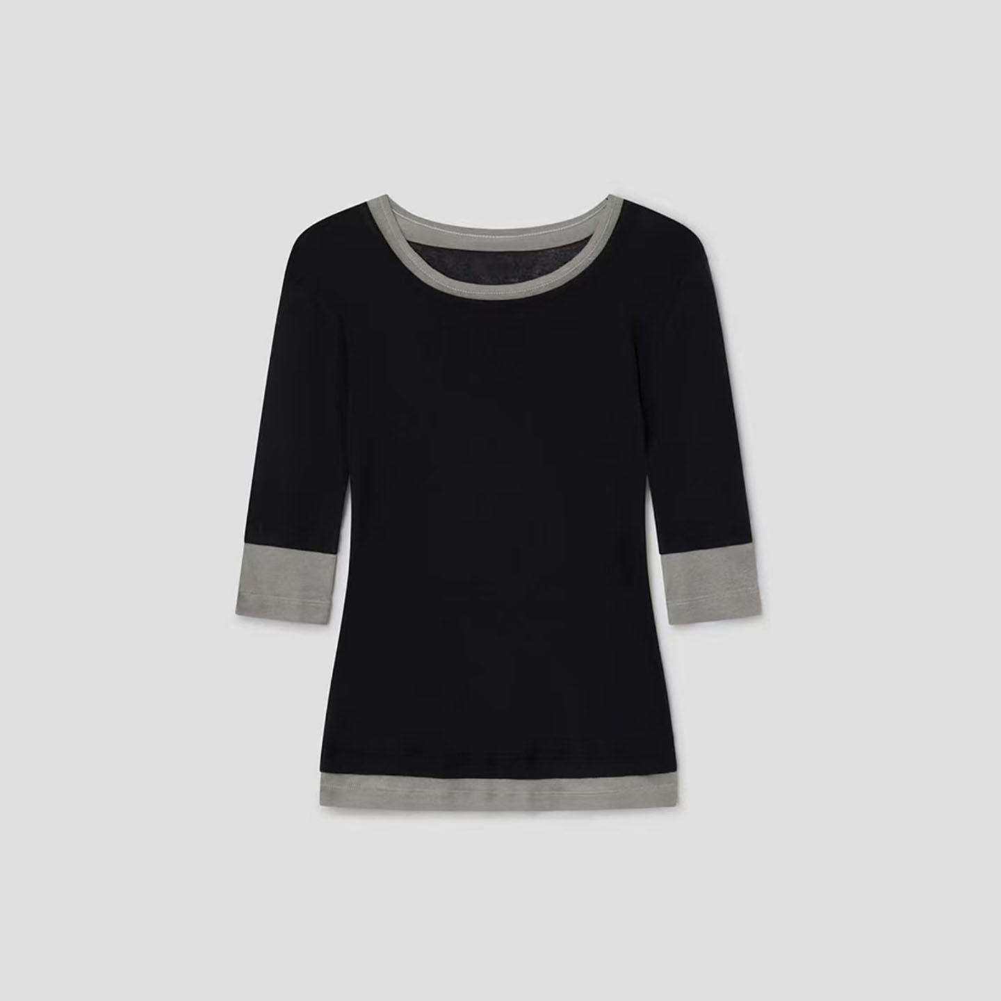 thumbnail for gimaguas black-gray color-block fake two-piece three-quarter sleeve top, white pink slightly sheer slim base layer short top