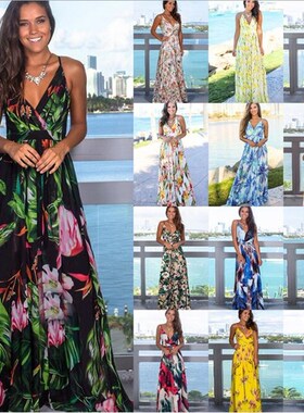Printed V-Neck sling women long dresses 印花吊带露背女连衣裙