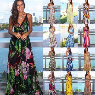 Printed V-Neck sling women long dresses 印花吊带露背女连衣裙