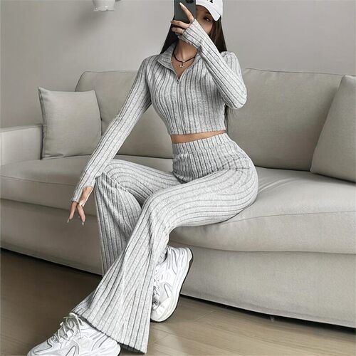 欧美时尚休闲罗纹长袖上