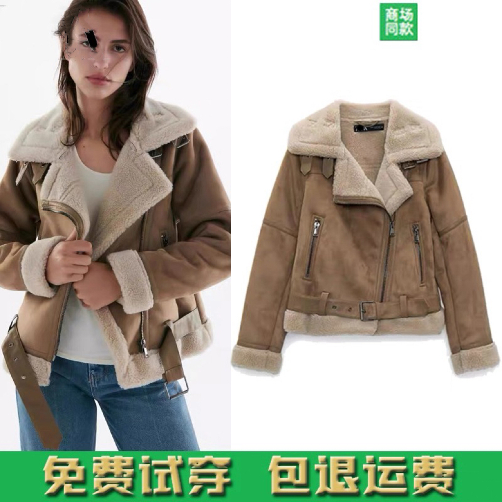 秋冬加厚麂皮绒皮毛一体羊羔毛机车夹克外套女 6318232