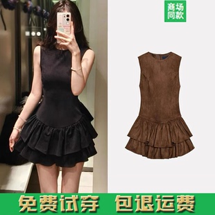春秋新款女装打蜡皮革效果叠层装饰绒面质感效果短连衣裙 4764279