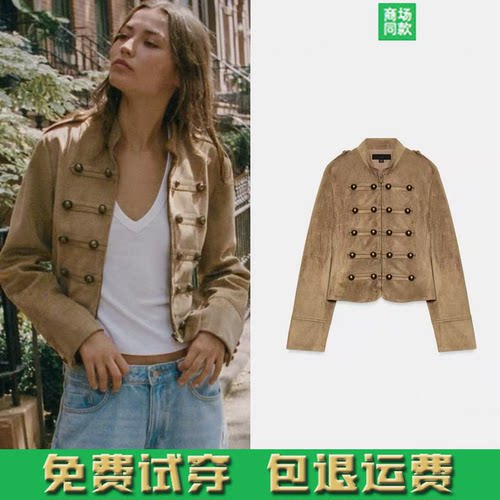 ZA家2026早秋新品女装长袖绳结扣绒面质感拿破仑夹克外套6318245