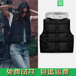 2024 秋冬新品 女装 短款连帽拼接无袖棉服背心马夹 3046231