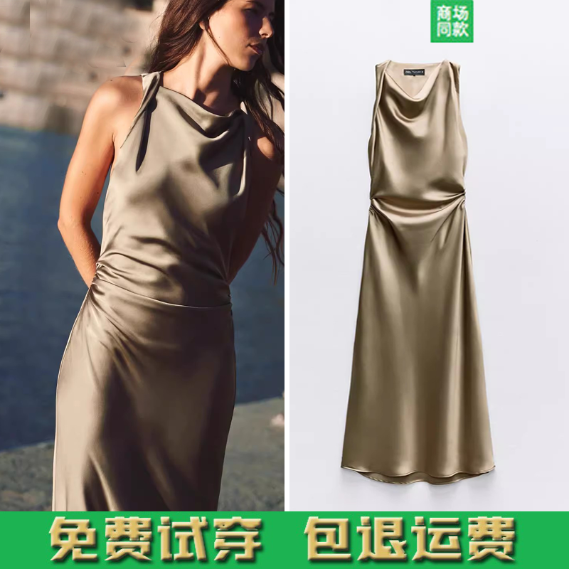 无袖气质性感丝缎质感迷笛连衣裙
