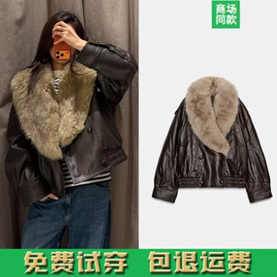 冬季新品女装宽松可拆皮草毛领仿皮夹克外套皮衣 4341853 716