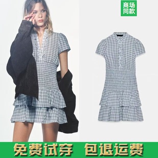 春夏新品女装荷叶边装饰格子叠层装饰短连衣裙 3067318 049