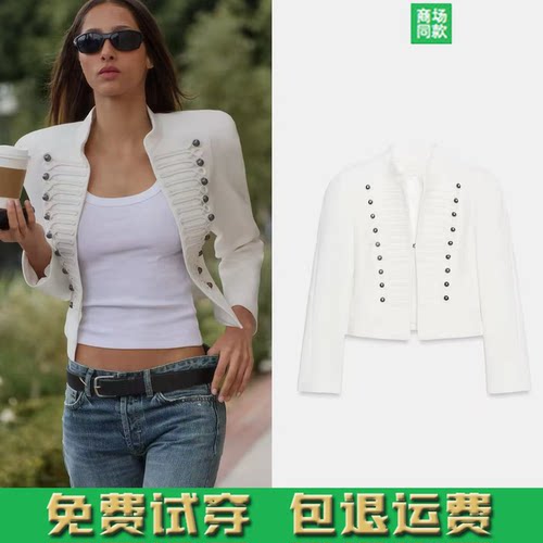 ZA家新品女装 金属钩扣拿破仑长袖带垫肩修身西装外套 4840799