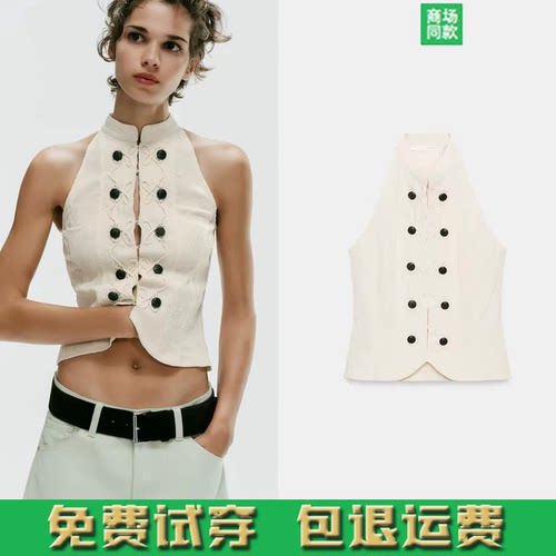 ZA家早秋新品女装新中式露背立领修身不对称背心上衣马甲4813802