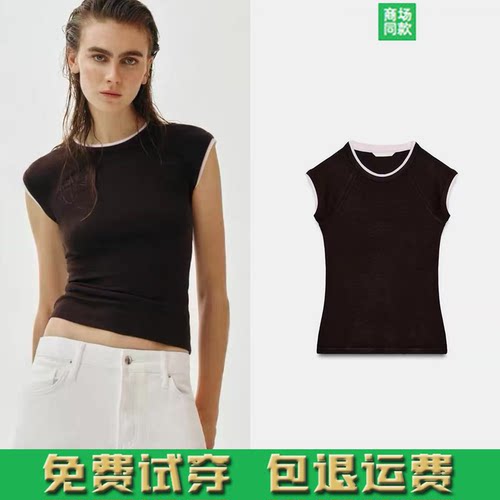 2026春夏新品休闲修身撞色双层效果圆领正肩短袖棉质T恤女3641157