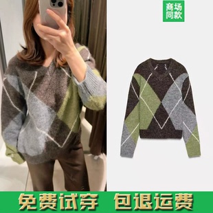 圆领长袖 女装 V领菱形纹针织衫 毛衣 054 冬季 5755152 新品