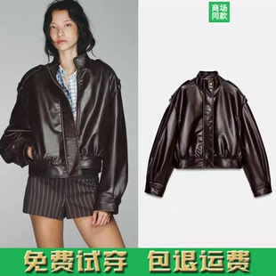 春季新品女装短款立领皮革效果仿皮夹克皮衣短外套 8490701 700