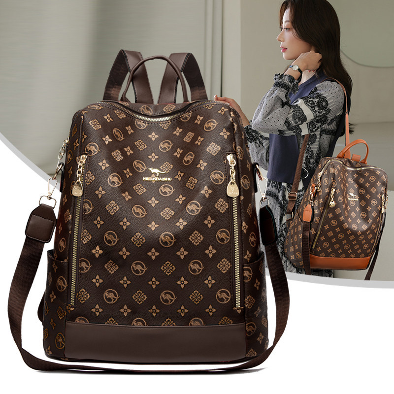 袋鼠正品女士双肩包2026新款时尚大容量轻便旅游妈妈软皮休闲背包