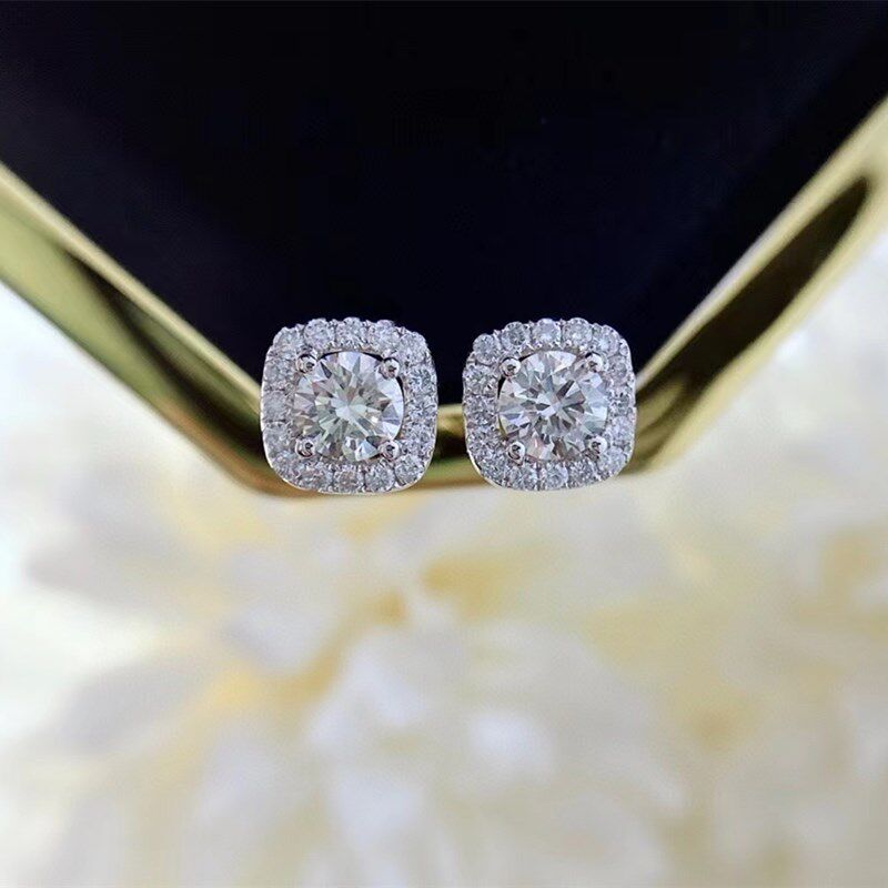 钻石耳环女正品18K白金时尚百搭玫瑰彩金真钻耳针耳钩耳坠定制